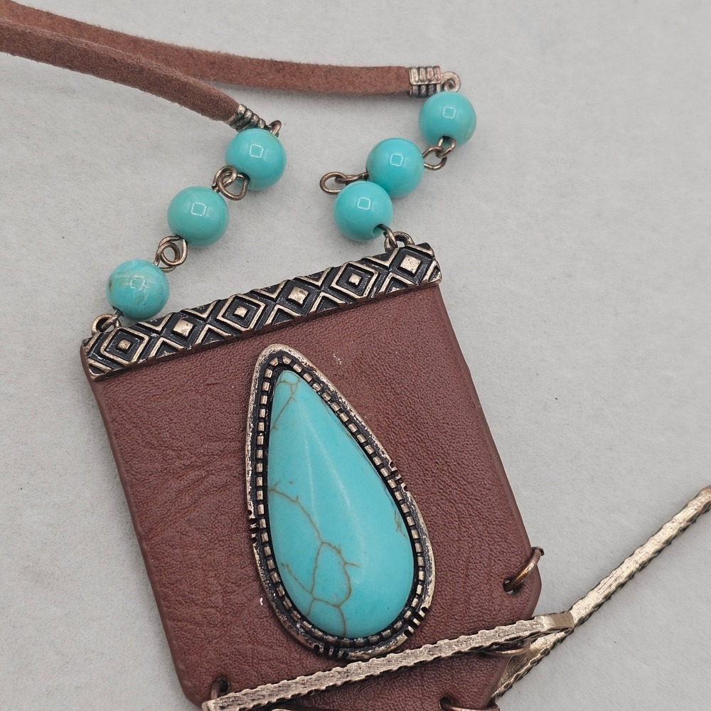 Brown Leather Blue Stone Pendant Necklace Metal Fringe Boho Tribal Southwest - Picture 6 of 13